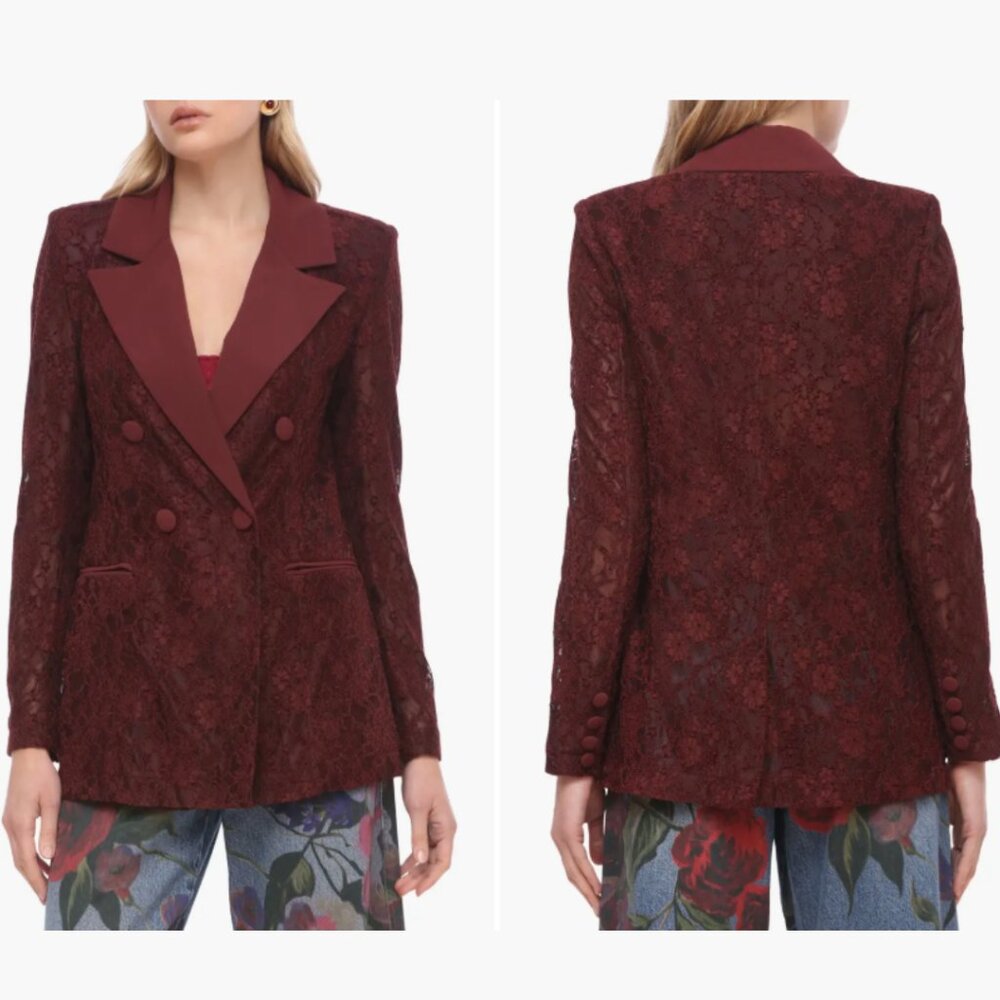 AVEC LES FILLES Burgundy Wine Lace Double Breasted Blazer Large Whimsigoth Vamp